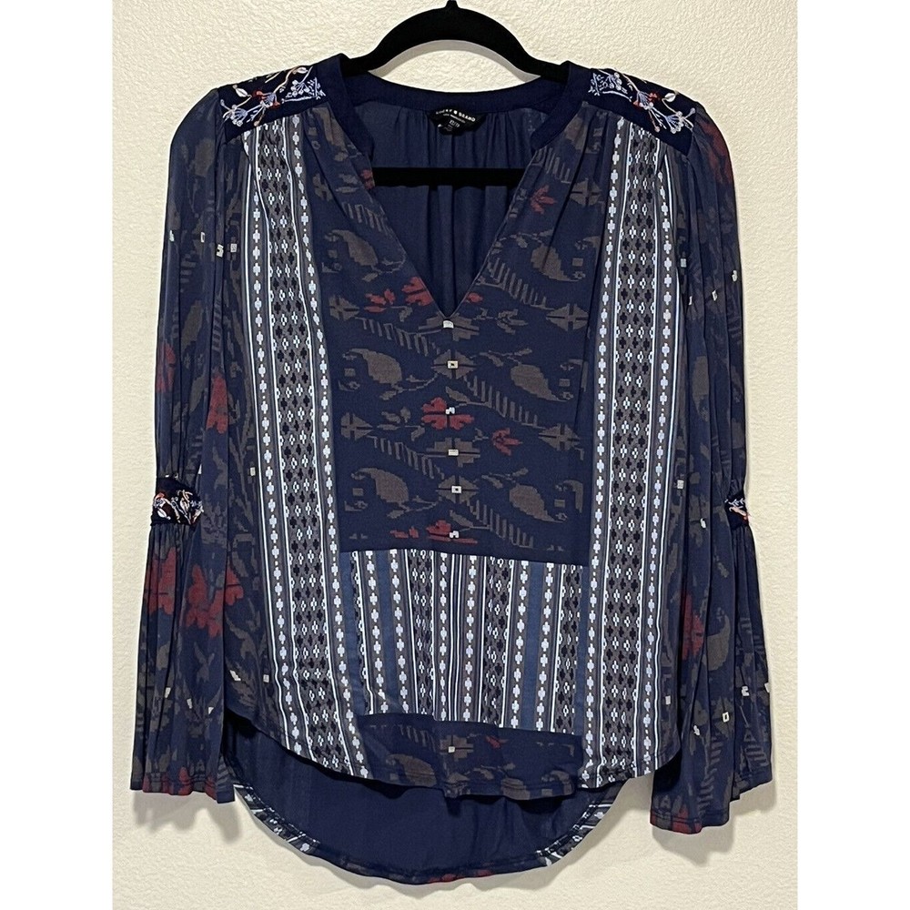 Lucky Brand Popover Top Size XS Floral Geo Print Boho Colorful Floral Peasant
